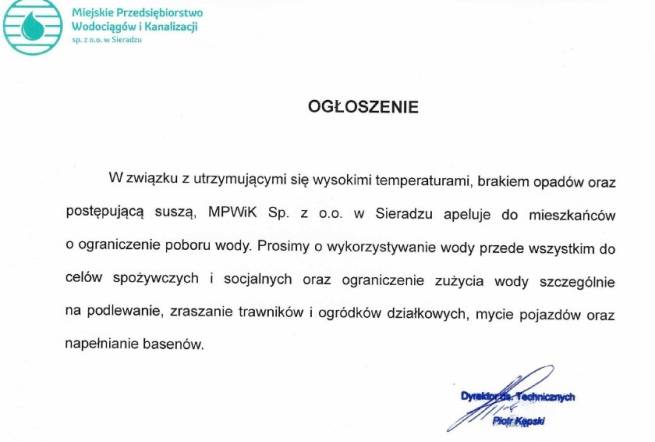 OGŁOSZENIE Miejskiego Przedsiębiorstwa Wodociągów i Kanalizacji Sp. z o. o. w Sieradzu